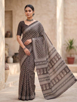 Deep espresso brown handblock print mulmul cotton saree, worn by model