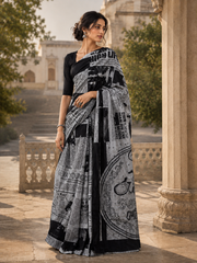 Grey and black newspaper print mulmul cotton saree, worn by model