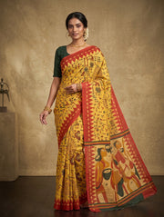 Mustard folk art print mulmul cotton saree, full-length front view