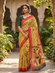 Mustard folk art print mulmul cotton saree showing the pallu with folk figures