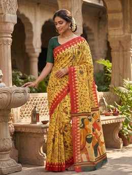 Mustard yellow folk art print mulmul cotton saree with red border, worn by model